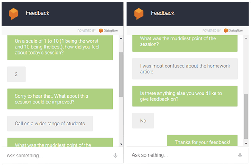 A feedback chatbot collecting a session rating, what could be improved and the muddiest point