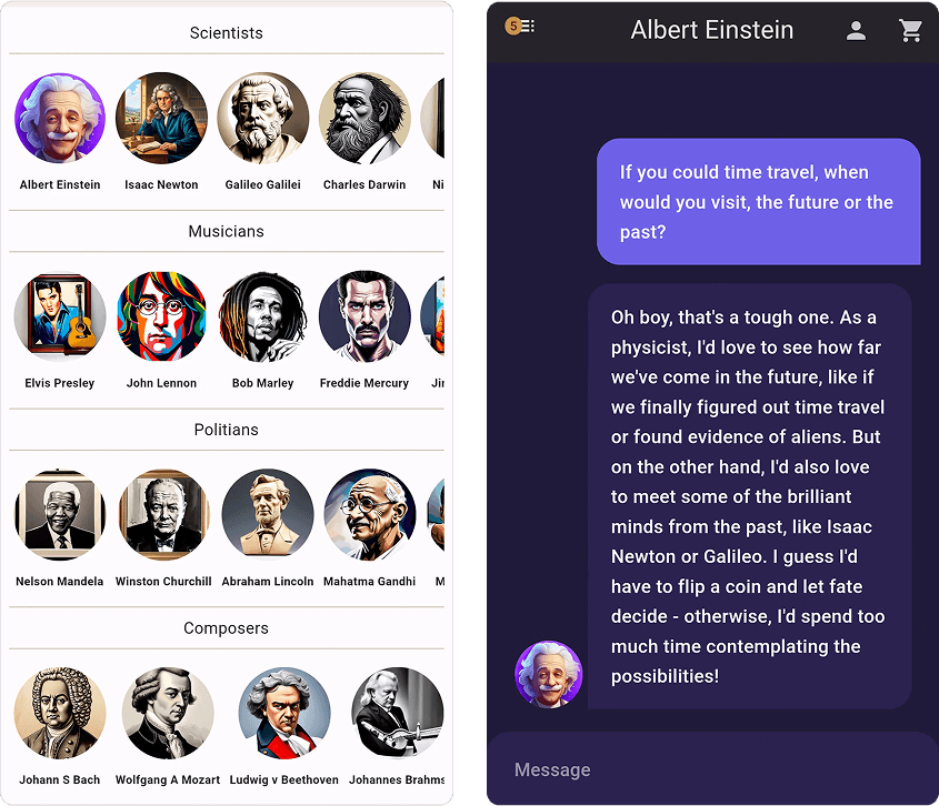 An app offering chats with historical figures – scientists, musicians, politicians – and a reply as Einstein